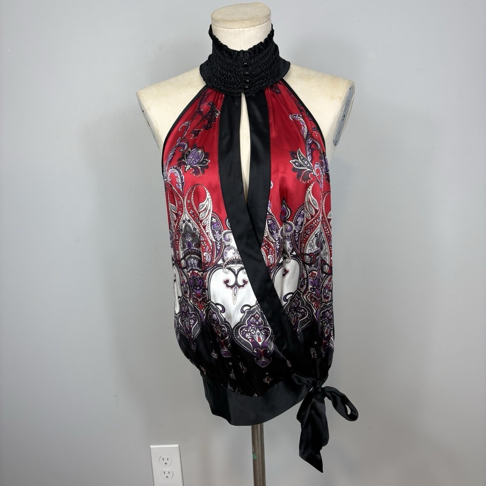 Bebe Vtg Y2K Silk Paisley Halter Top Womens Sz S Glam Party Black Red